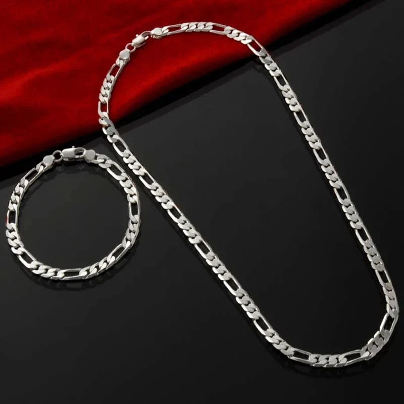 925 Sterling Silver 4MM Chain Jewelry Set - Elegant Bracelet and Necklace Gift for Men Women Wedding and Christmas