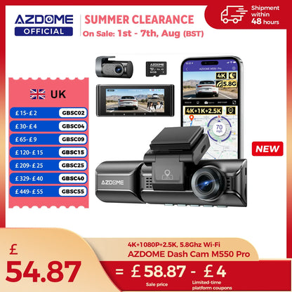AZDOME M550 Pro 4K Dash Cam - WiFi GPS Car DVR with Night Vision G-Sensor Parking Monitor