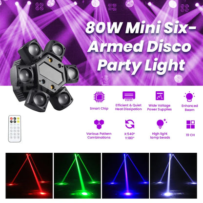 80W Disco Moving Head Light - 6-Arm Beam Strobe DJ Stage Lighting with DMX512 Control