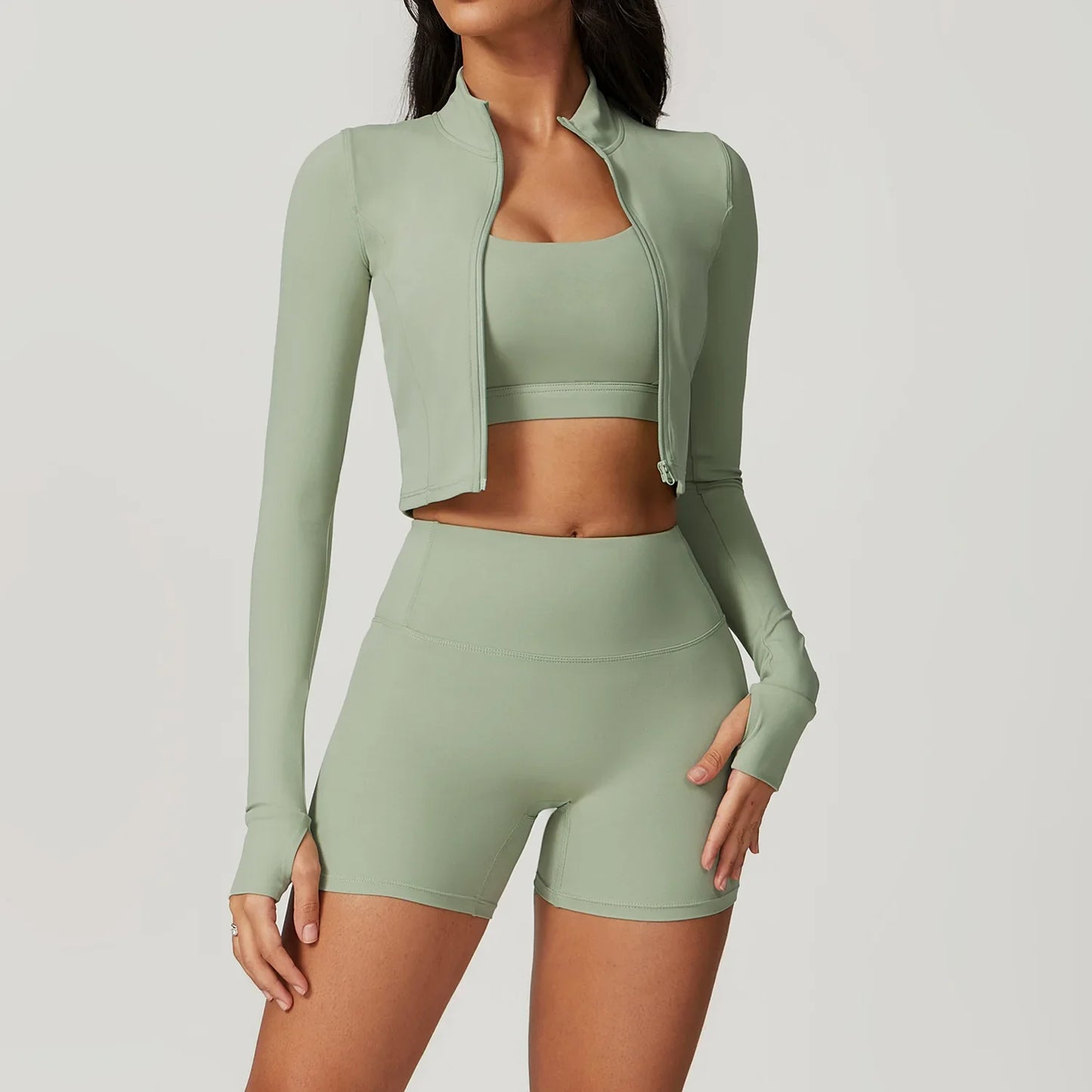 3PCS Women’s Yoga & Workout Set – Long Sleeve Zipper Top with High Waist Leggings Fitness Sportswear