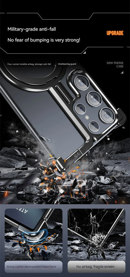 Magnetic Metal Phone Case for Samsung Galaxy S24/S23 Ultra – Aluminum Alloy Frameless Bumper with Finger Ring