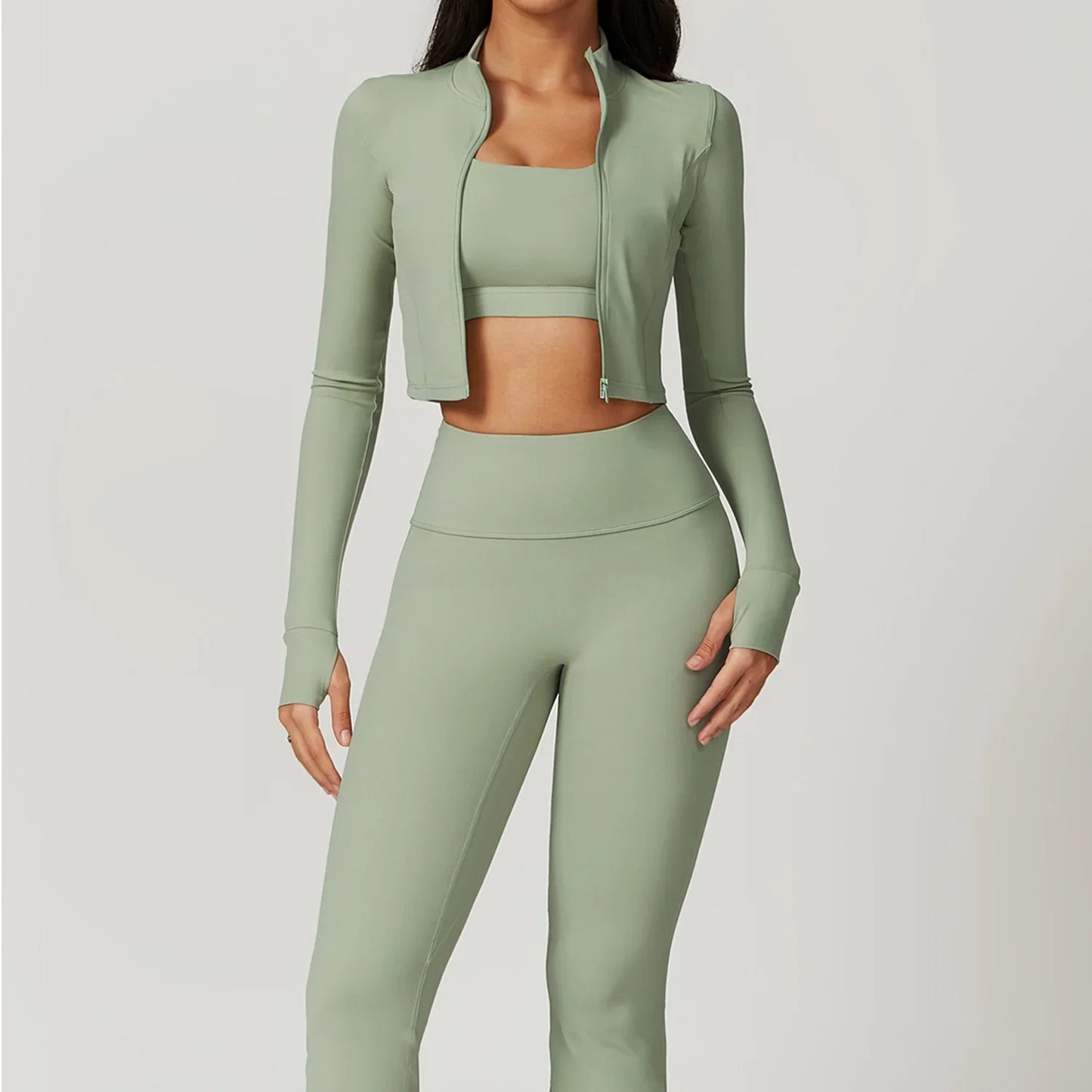 3PCS Women’s Yoga & Workout Set – Long Sleeve Zipper Top with High Waist Leggings Fitness Sportswear