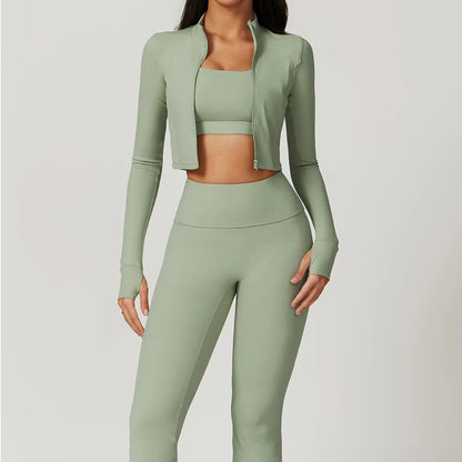 3PCS Women’s Yoga & Workout Set – Long Sleeve Zipper Top with High Waist Leggings Fitness Sportswear