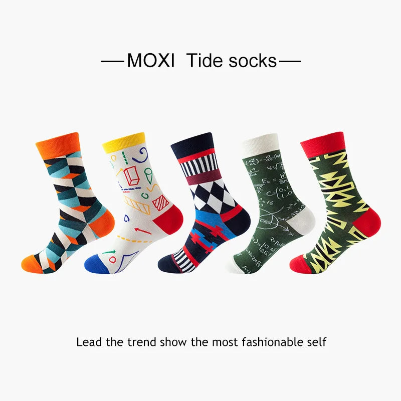 5-Pair Men’s Cotton Sports Socks Pack - Hip Hop Harajuku Pastel Print Long Tube Running Casual Socks