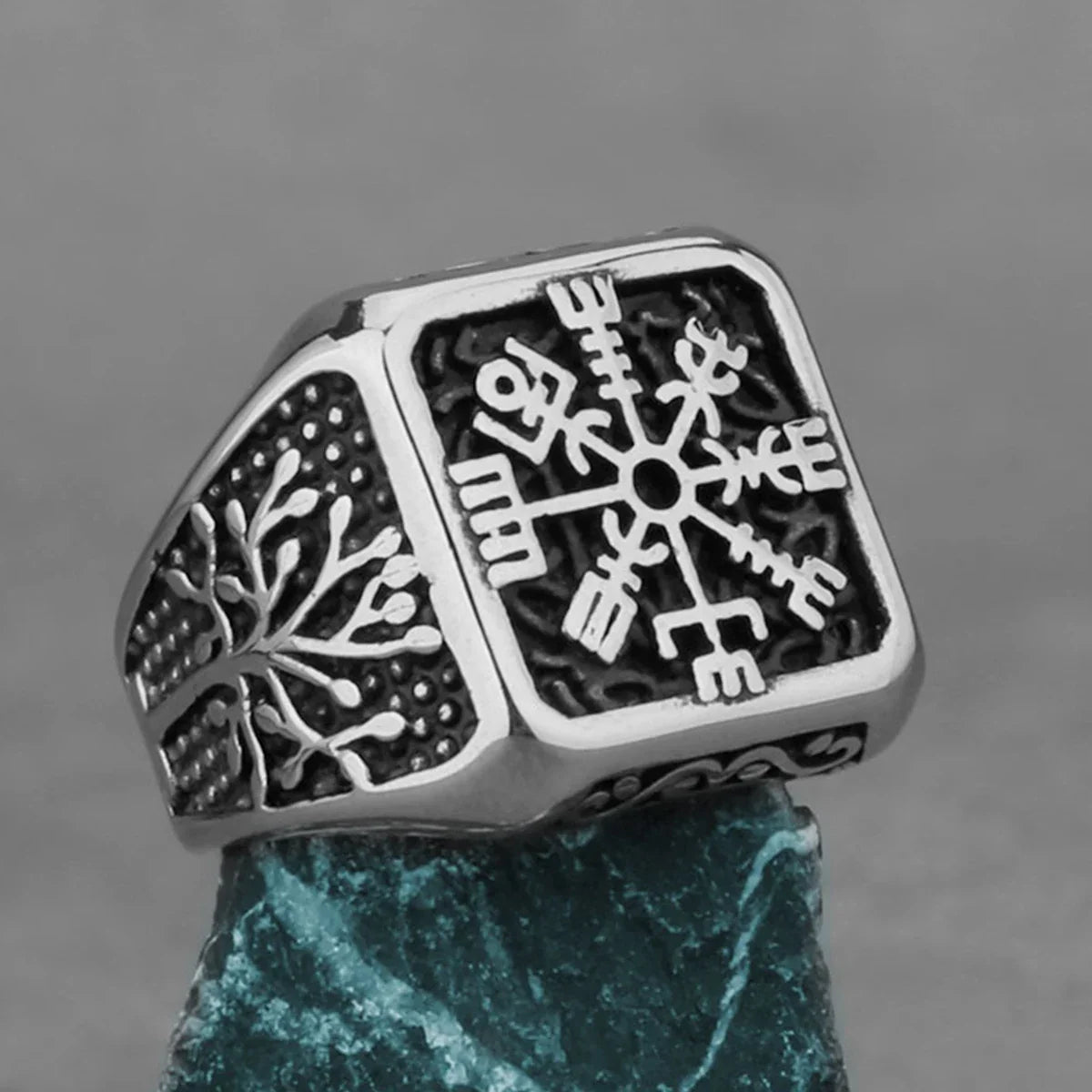 Nordic Viking Stainless Steel Ring - Compass Tree of Life Rune Wolf Amulet Jewelry for Men & Women