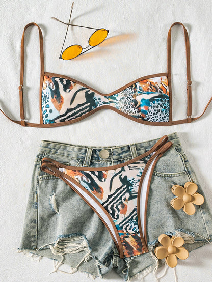 Circyy Fashion Print Bikini Set - Women's Halter Backless Split Swimsuit Summer Beachwear