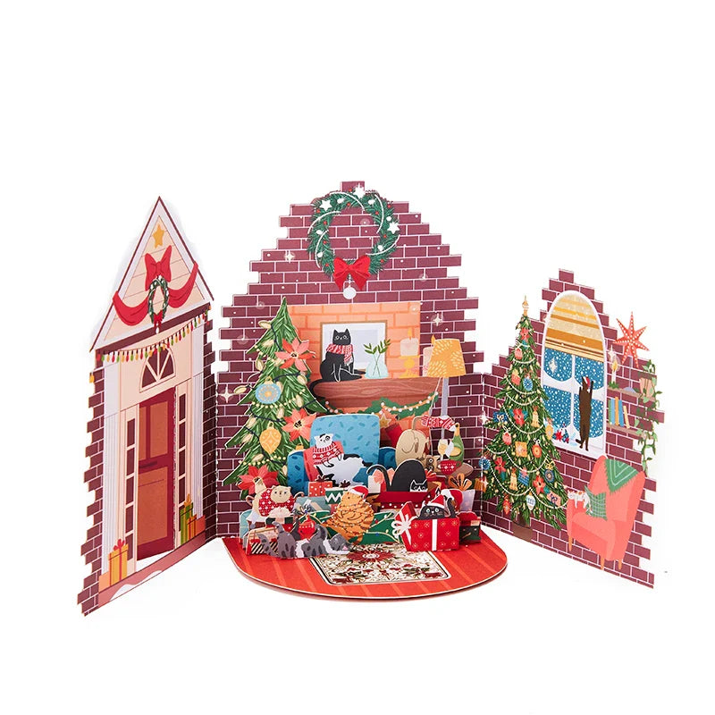 3D Christmas Tree Greeting Card – Cat Xmas Pop-Up Postcard with Envelope