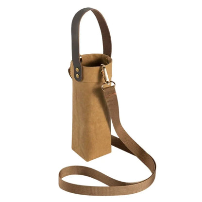 Kraft Paper Water Bottle Carrier Bag - Washable Insulated Pouch Holder with Shoulder Strap for Outdoor Travel