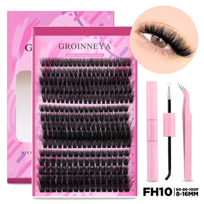 GROINNEYA DIY Lash Extension Kit – Individual & Cluster Lashes Full Set with Lash Bond and Seal for At-Home Use