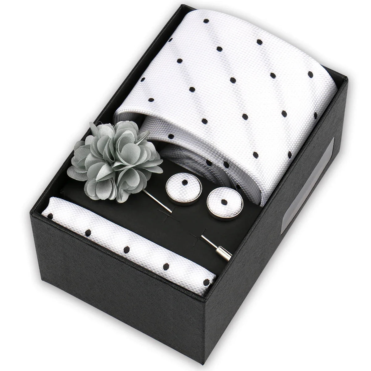 Men’s 4-Piece Tie Set Gift Box - Elegant Necktie with Handkerchief, Cufflinks & Brooch for Business, Wedding & Suit Accessories