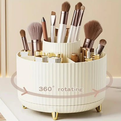 360° Rotating Makeup Organizer - 5 Compartment Plastic Cosmetic Holder for Brushes & Beauty Storage