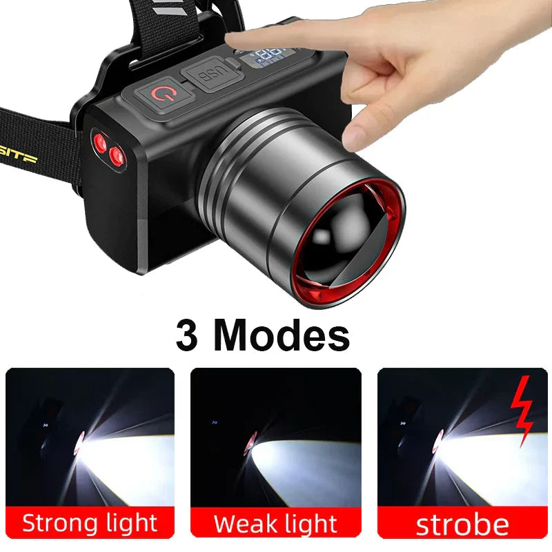 Rechargeable LED Headlamp – Adjustable Zoom Waterproof Ultra Bright Front Headlight for Camping, Outdoor Work & Night Use Torch