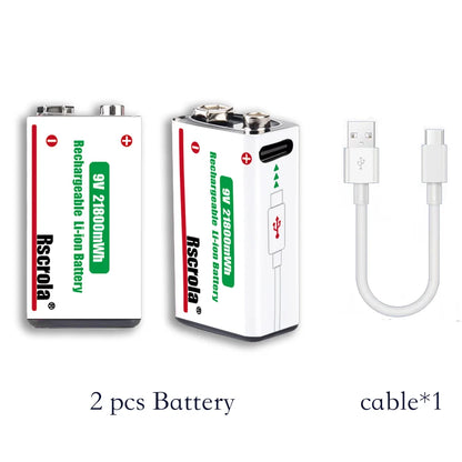 9V Lithium-Ion Rechargeable Battery 21800mWh – High-Capacity Power for Guitar, Microphone, Smoke Detector & Pedals with Cable