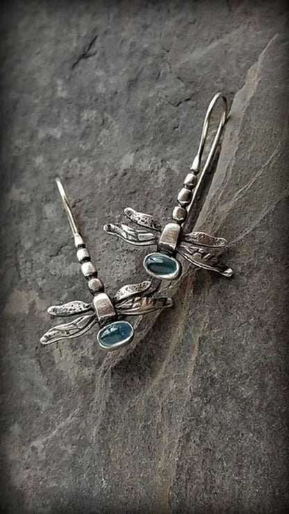 Retro Dragonfly Dangle Earrings - Silver Color Jewelry with Blue Stone Inlay for Women Party & Engagement Fashion