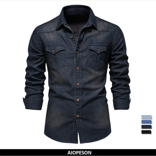 AIOPESON Men's Cotton Denim Shirt - Long Sleeve Slim Fit Casual Cowboy Style Shirt