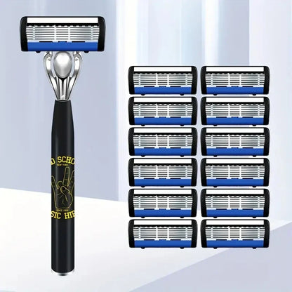 Classic 6-Layer Manual Razor Set – 1 Handle with 12/18 Stainless Steel Replacement Blades for Daily Face Shaving