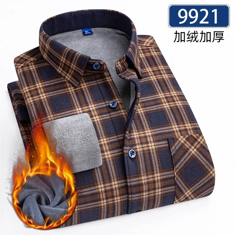 Men’s Fleece Plaid Shirt - Warm Thick Long Sleeve Business Check Shirt with Single Pocket for Autumn & Winter