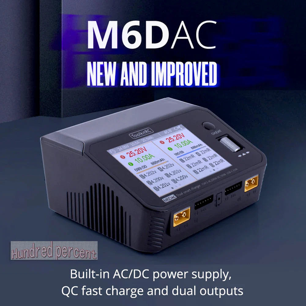 ToolkitRC M6DAC Dual Channel Smart LiPo Battery Charger – 200W AC, 350W DC x2, 15A for 1-6S LiHV PD 65W Discharger