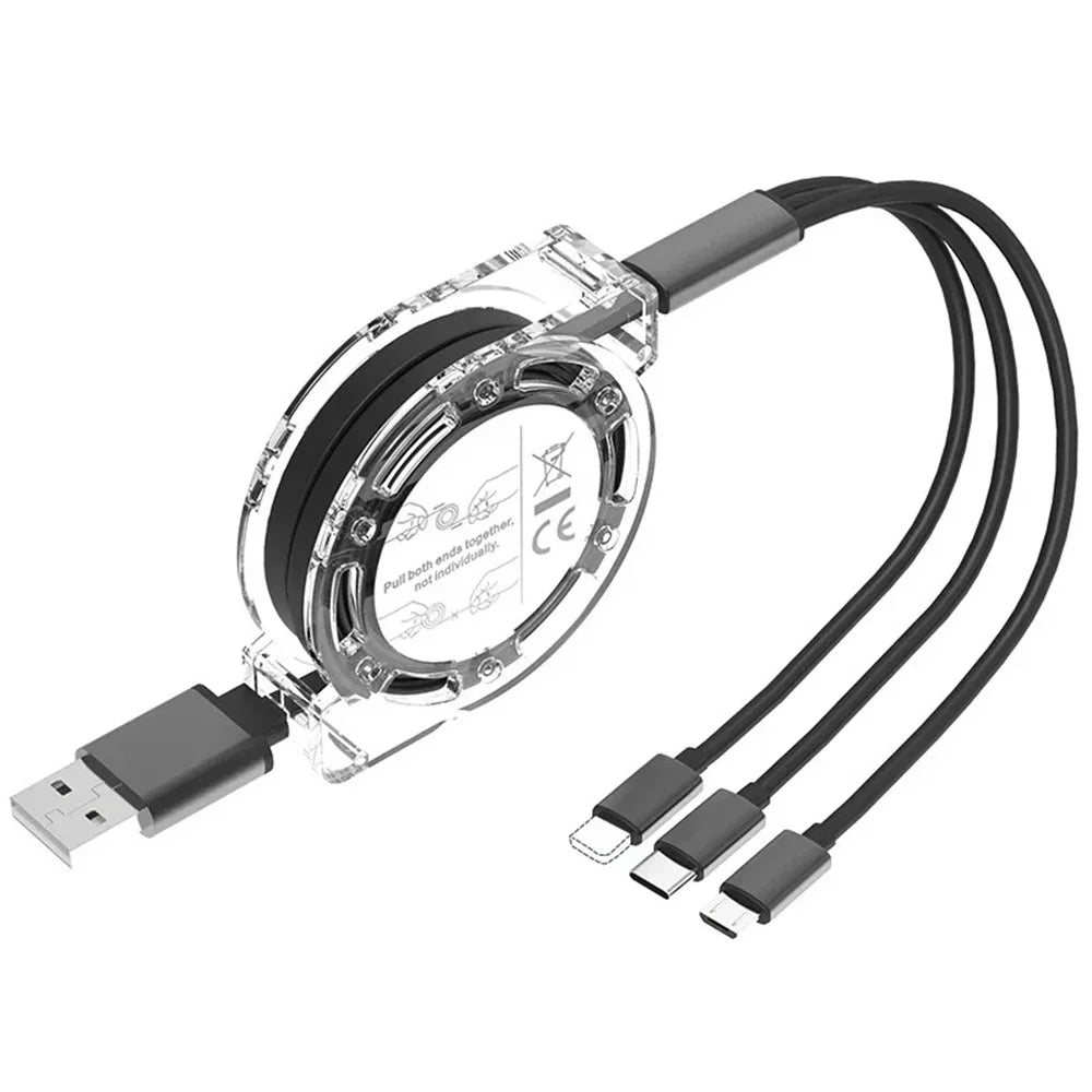 3-in-1 Retractable USB Data Cable – Fast Charging for iPhone, Type-C & Micro USB, Compatible with Android, Xiaomi, Huawei, Samsung