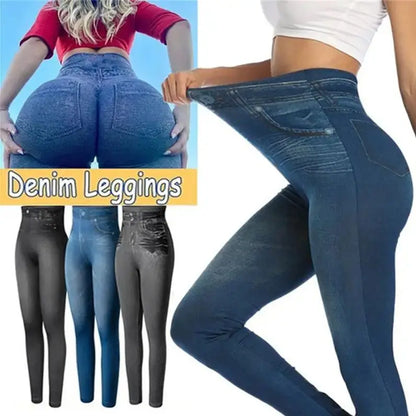 2024 Women's Faux Denim Leggings - Seamless High Waist Push Up Pocket Skinny Pants