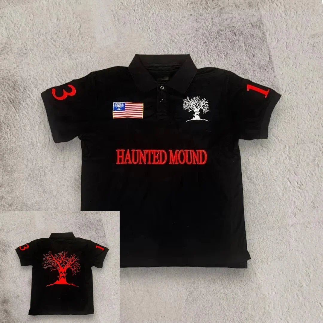 Haunted Mound Polo Shirt - Retro Y2K Streetwear Cotton Embroidered Short Sleeve Casual Top for Men