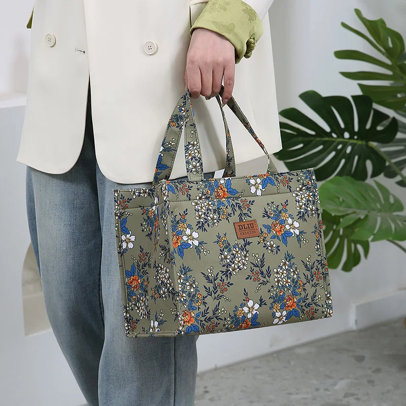 New Nylon Printing Handbag – Thickened Large Capacity Work and Portable Zipper Lunch Box Storage Bento Bag