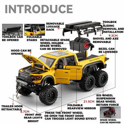 1:24 Dodge Mammoth RAM 1000 TRX 6x6 Diecast Model Car – Metal Alloy Toy with Lights for Kids & Collectors Gift