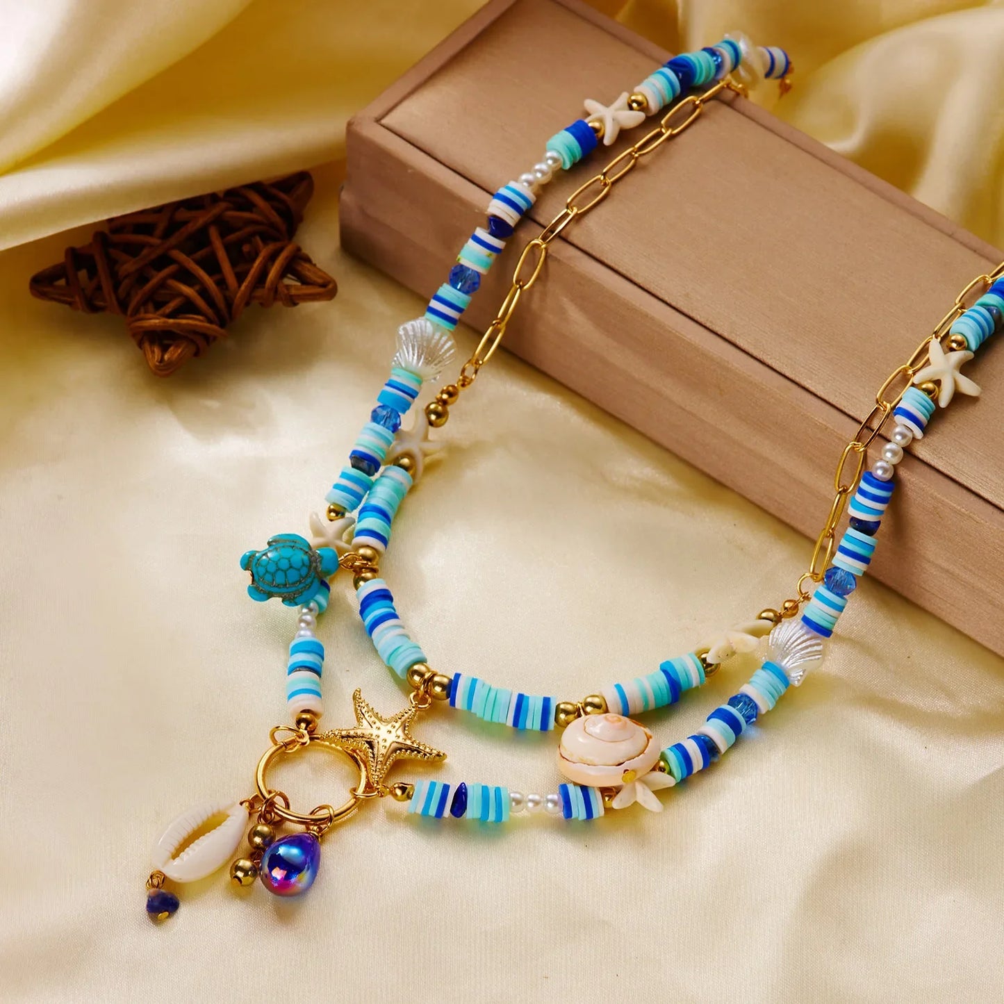 Bohemian Shell Layered Necklace - Vintage Starfish & Turtle Blue Beaded Beach Jewelry for Women