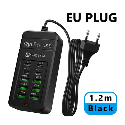 Multi-Port USB Fast Charger - EU UK US Plug 10-Port Power Adapter with 6 USB-A & 4 USB-C Ports Cable
