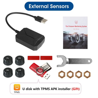 JMCQ USB Android TPMS Tire Pressure Monitoring System – 5 Internal/External Sensors with Display & Alarm for Car Navigation Radio