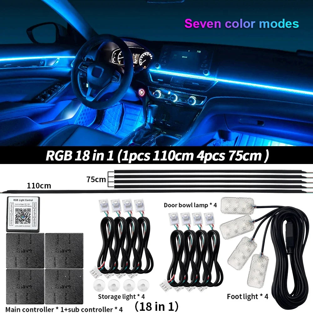 6/10/14/18 in 1 RGB LED Car Ambient Light - APP Controlled Acrylic Interior Atmosphere Strip with 64/213 Color Symphony Lighting