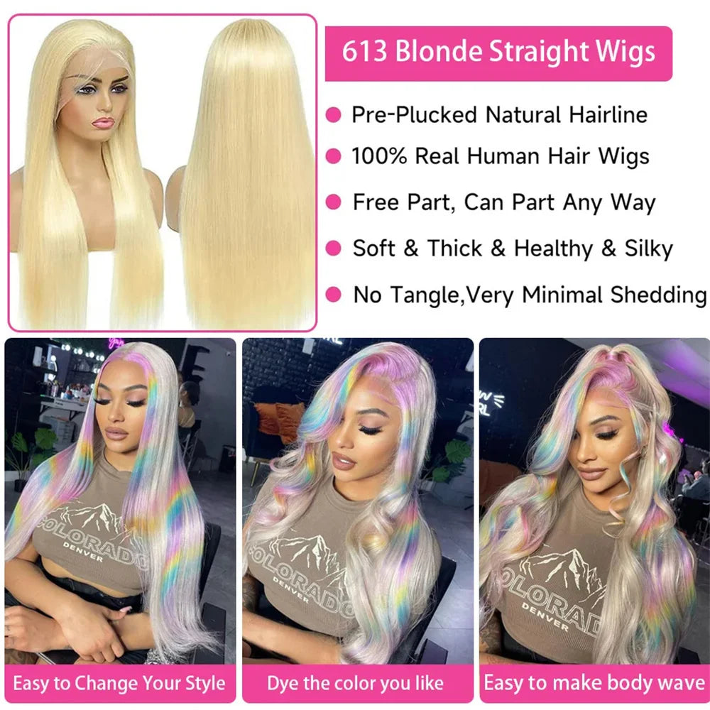 220 Density Straight Blonde 613 HD Lace Frontal Wig – 13x6/13x4 Brazilian Human Hair Colored Wig for Women