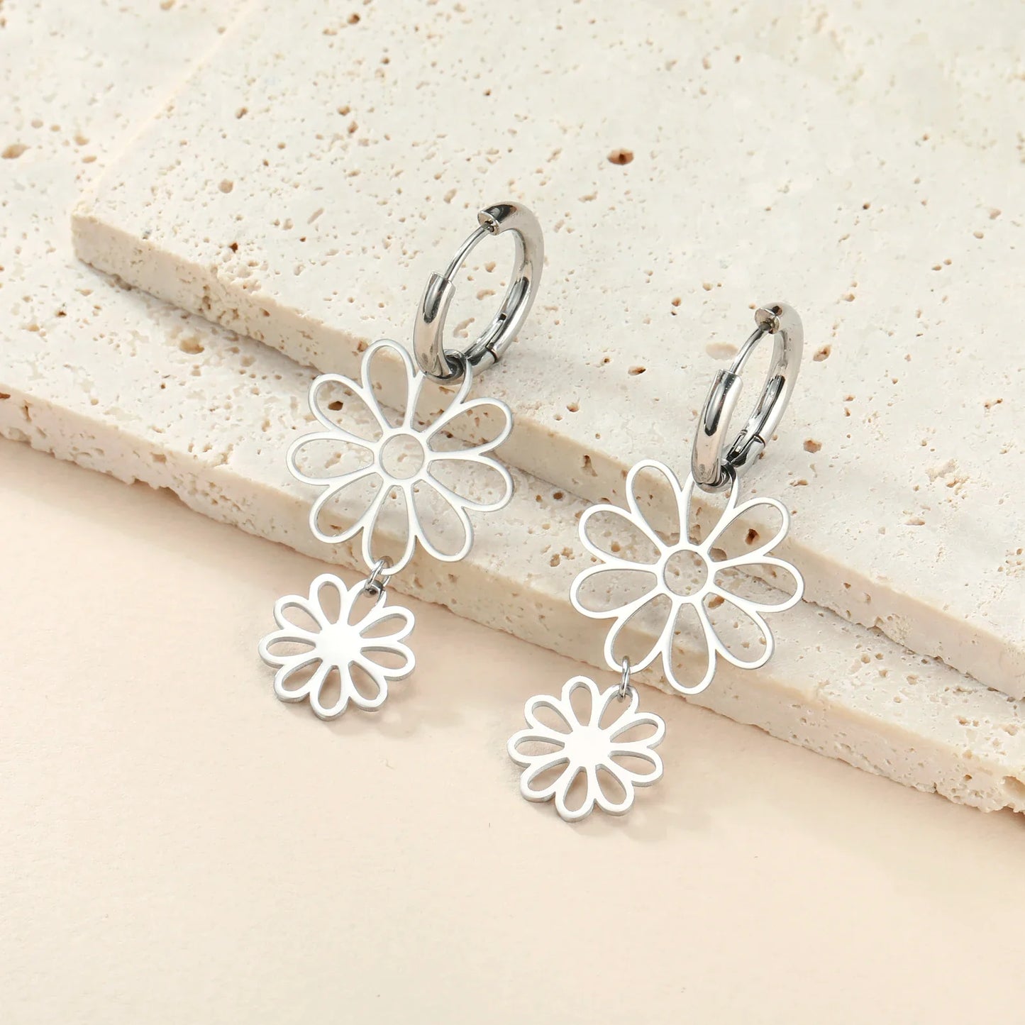 Nine Petal Flower Hoop Earrings - Stainless Steel Bohemian Hollow Pendant Jewelry Gift for Women