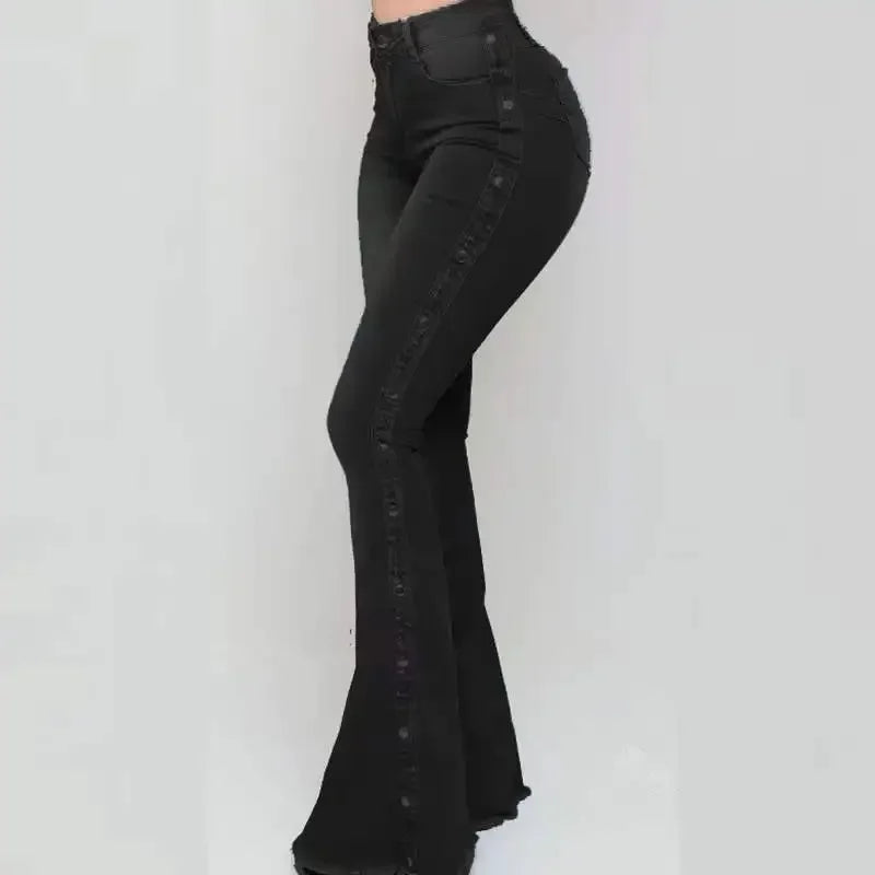 Women’s High Waist Flare Jeans - Stretch Denim Vintage Button Trousers for Spring Autumn Streetwear Fashion