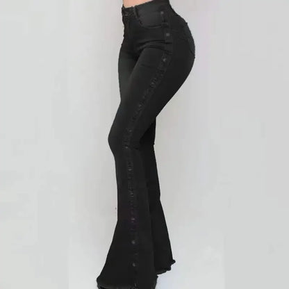 Women’s High Waist Flare Jeans - Stretch Denim Vintage Button Trousers for Spring Autumn Streetwear Fashion