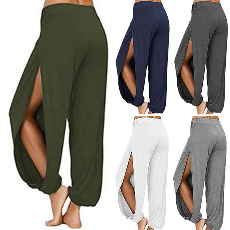 Women's Fashion Yoga Pants: High-Waisted Slit Wide Leg Harem Pants - Gym Leggings for Casual Solid Hollow Workout