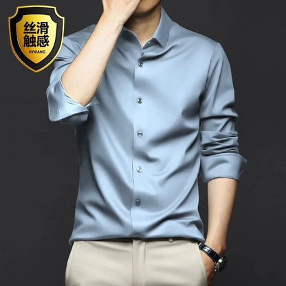Men’s Luxury White Dress Shirt - Wrinkle-Resistant Ice Silk Glossy Long Sleeve Business Casual Shirt S-6XL
