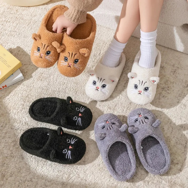 Cartoon Cat Plush Slippers - Cozy Winter Indoor House Shoes with Soft Non-Slip Warm Sole for Women