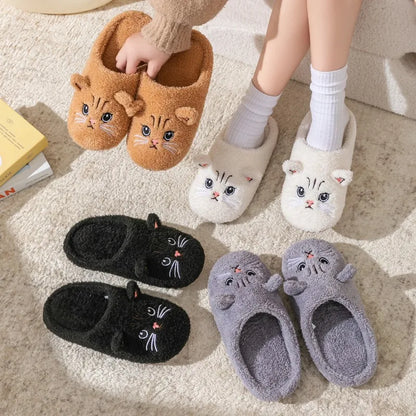 Cartoon Cat Plush Slippers - Cozy Winter Indoor House Shoes with Soft Non-Slip Warm Sole for Women
