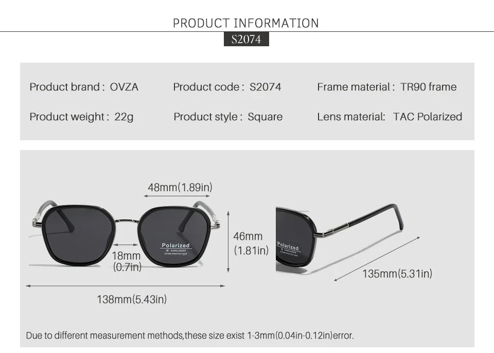 OVZA TR90 Polarized Sunglasses – Fashion Square Frame Driving Glasses for Men & Women S2074