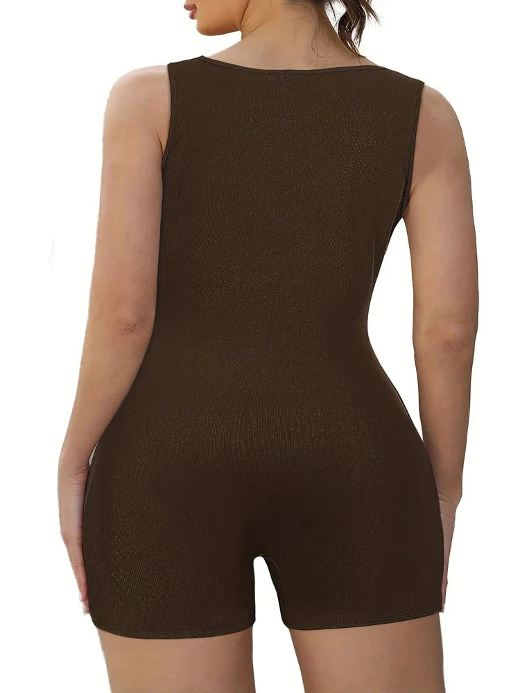Plus Size Women’s Ribbed Yoga Jumpsuit - Square Neck Sleeveless Fitness Bodysuit for Summer Workouts