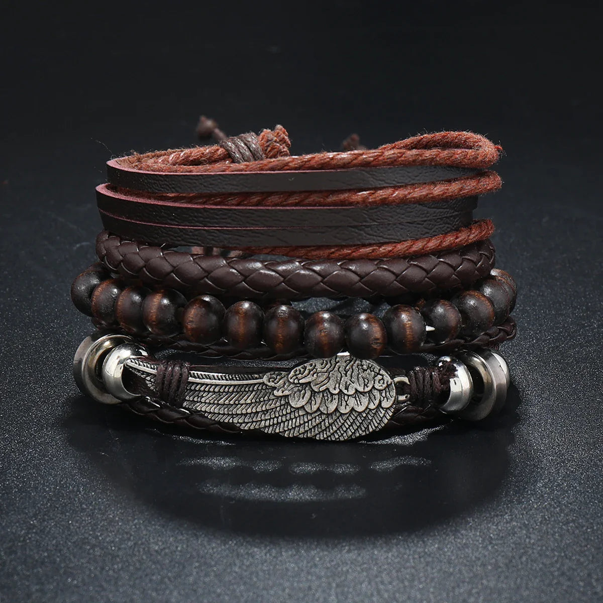 4Pcs Men's Braided Leather Bracelets Set – Vintage Life Tree & Rudder Charms, Wood Beads, Ethnic Tribal Wristbands