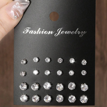 12 Pairs Luxury Zirconia Earrings – Elegant Shiny Stud Set for Parties, Gifts, and Couples