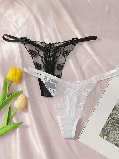 2PCS Lace Thong Underwear Set - Sexy Ladies Black & White Floral Embroidered Panties for Women