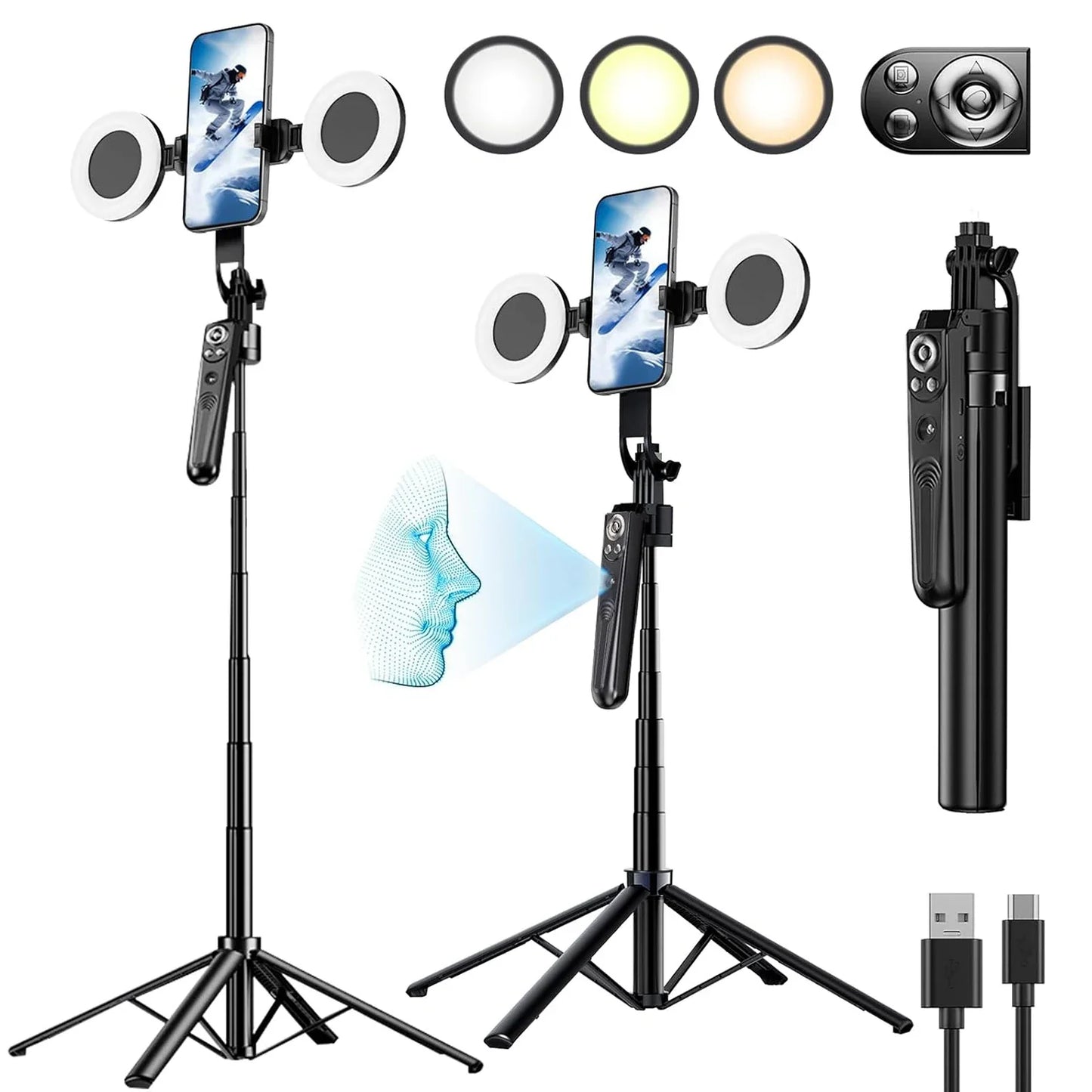 Extendable 70.8" Auto Face Tracking Tripod – 360° Rotating Phone Stand with Light & Motion Sensor for Vlog & Live Streaming
