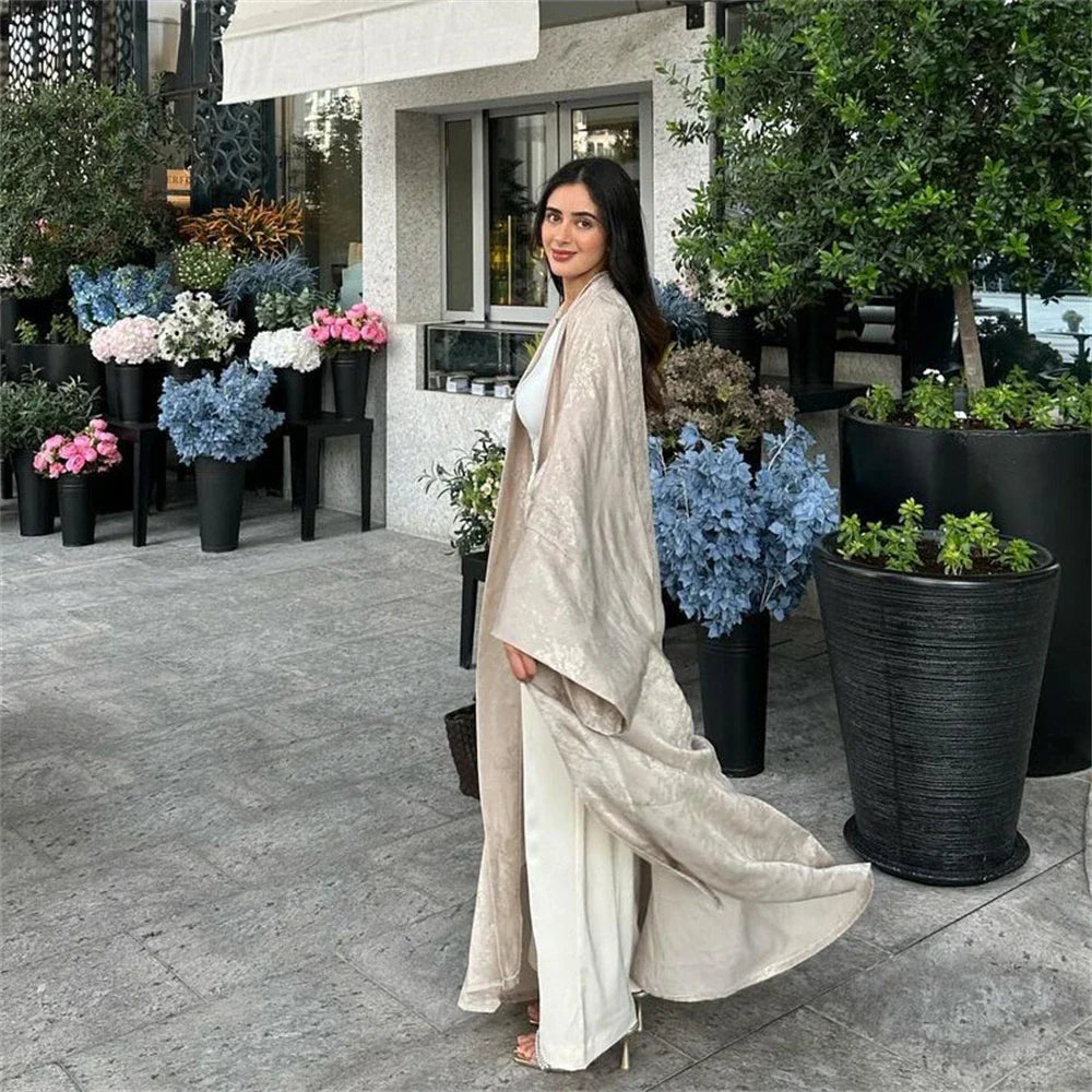 Women’s Shiny Satin Open Kimono Abaya – Luxury Dubai Ramadan Muslim Kaftan Dress