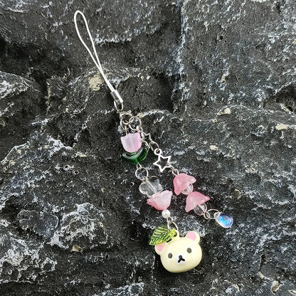 Cute Bell Bear Phone Charm - Y2K Handmade Strawberry Beaded Keychain & Matching Couple Gift Accessory