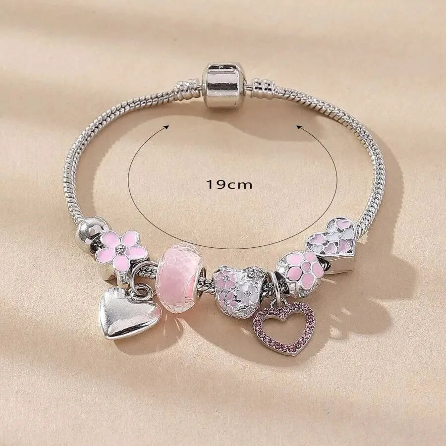 Obega Love Heart Flower Glass Pendant Charm Bracelet – Adjustable Pink & White Crystal Stone Bead Bracelet in Silver/Gold