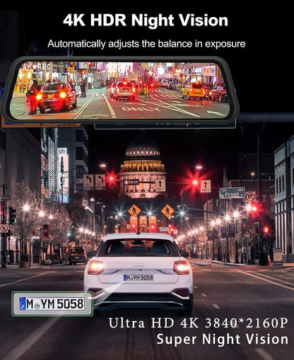 4K 2160P Dash Cam – Car DVR with CarPlay, Android Auto, Rearview Mirror Streaming, GPS, 5G WiFi, FM Radio, AUX