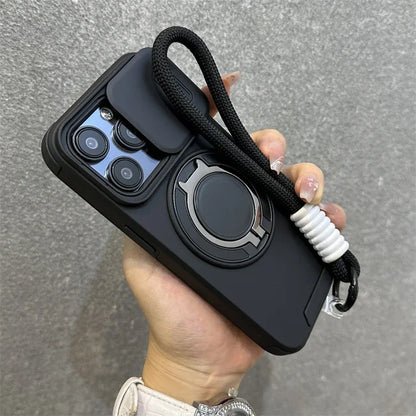 Armor Magnetic iPhone Case with Lanyard – Shockproof Slide Camera Protection for iPhone 11-16 Pro Max